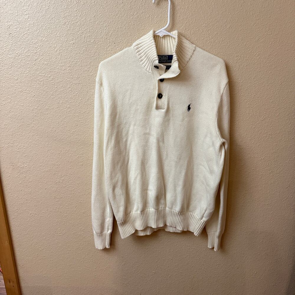 Polo Ralph Lauren Men's Cotton Button Mock Neck Sweater L cream preppy academic